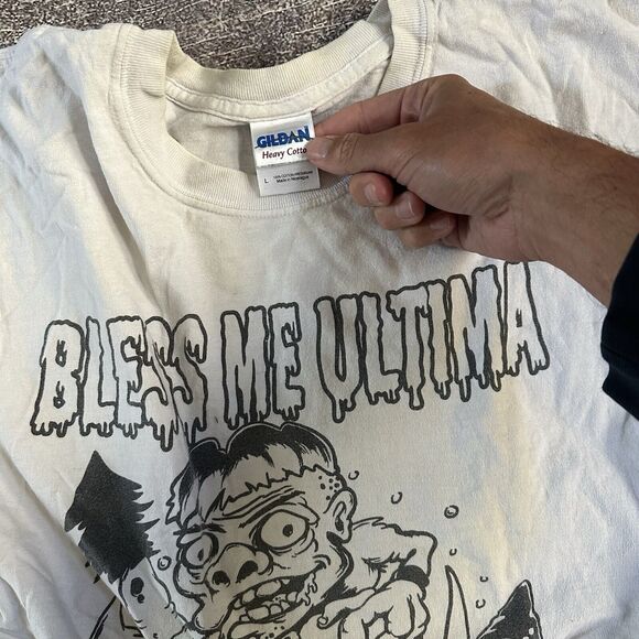 Mens Gildan Bless Me Ultima Exotic Neurotic Trolls Gnomes White T Shirt Tee Sz L - Picture 2 of 3